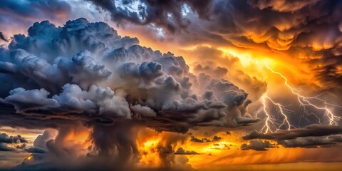 Naklejka premium Dark grey storm clouds with thick, anvil-shaped cumulus clouds and lightning bolts illuminating the sky in shades of yellow and orange at sunset , stormy weather, dark sky