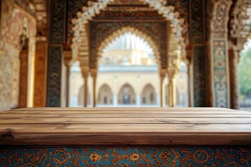 Obraz premium Wooden Table in Front of Historic Architectural Elements with Colorful Details and Blurred Background of Majestic Structures in Royal Setting