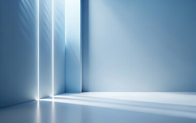 Minimalistic modern product placement background with shadow on blue smooth wall. Mockup for presentation.