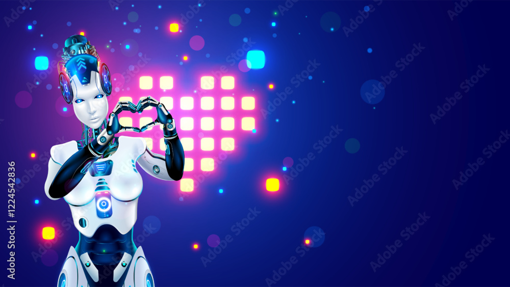 Aufkleber AI robot woman shows heart gesture with his hands. Pixel heart on background. Banner for Valentine's day in style of AI, digital technology. Neural networks, artificial intelligence with heart