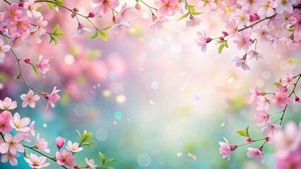 Fototapeta premium Colorful abstract Spring border background with pink blossoms, delicate petals and soft leaves, illustration , border