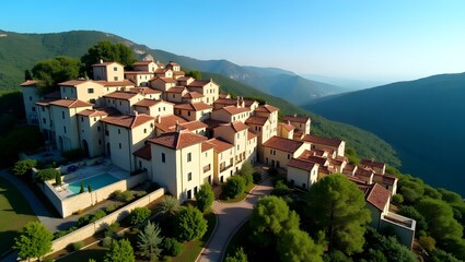 Obraz premium A picturesque village nestled in a lush green valley, with rolling hills and a clear blue sky in the background.