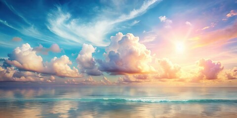 Dreamy abstract art piece set against a warm summer sky with soft, white clouds and a gentle sea breeze , soft colors, summer background