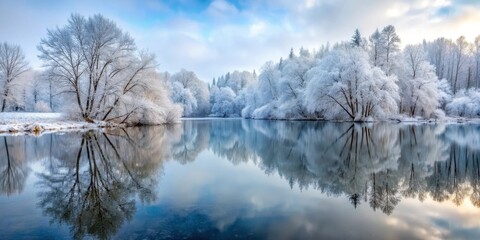 Fototapeta premium Frozen forest lake with bare trees and snow-covered branches reflected in calm water, snow-glazed forest, icy surface