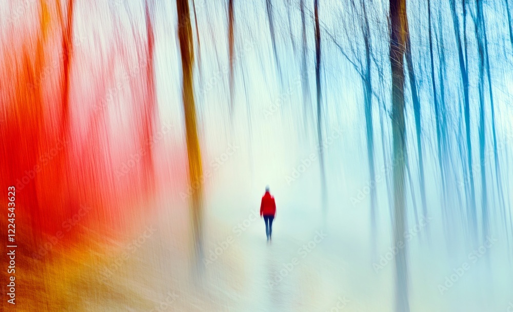 Poster mysterious journey through a foggy forest with colorful trees and a solitary figure in a bright red 