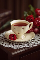 A cup of tea next to a bouquet of red roses.