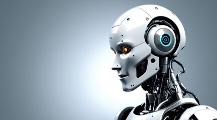 Humanoid Robot Head Profile White Silver Design with Glowing Amber Eyes