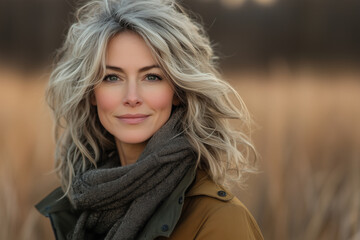 40 year old woman smiling warmly in natural setting, wearing cozy scarf and stylish jacket, exuding confidence and joy