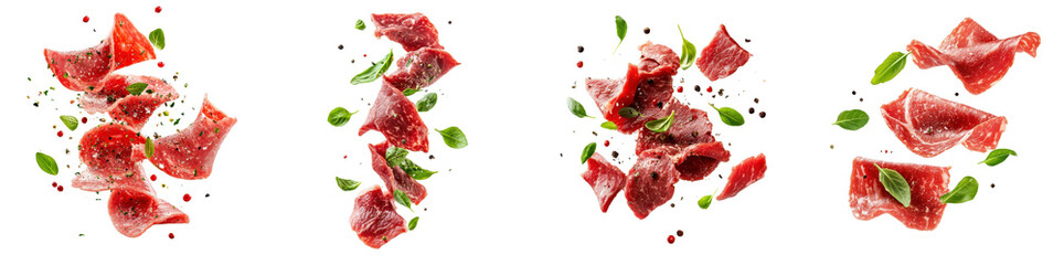 Beef carpaccio with thin slices flying through the air, isolated on white background. Mix Collection Png.