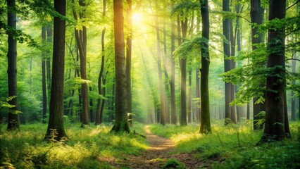 Obraz premium A serene and peaceful forest with soft light filtering through the trees creating a beautiful blurred background, greenery