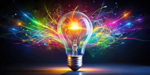 A stylized drawing of a lightbulb with colorful sparks and glow-in-the-dark elements surrounding it, conveying creativity and innovative ideas , innovation, marketing doodle concept