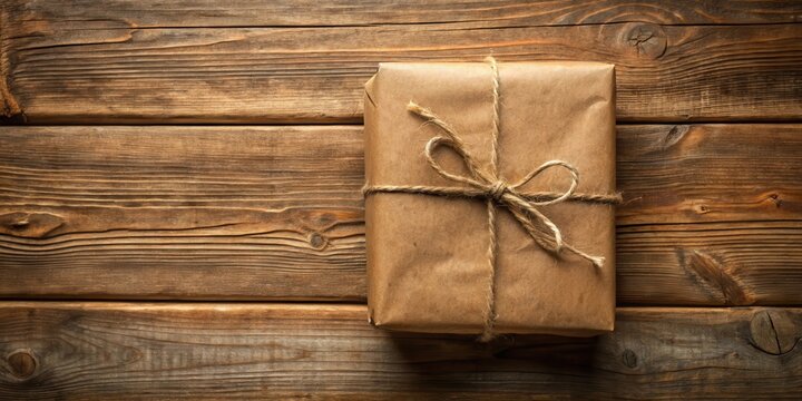 Old-fashioned brown paper parcel tied with a length of twine in a rustic wooden environment , parcel, twine