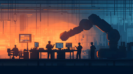 Fototapeta premium A high-energy production facility where a mechanical engineering team is coordinating operations near a large, complex machine. The workers are using advanced tools and discussing performance
