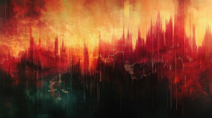 Abstract fiery cityscape with digital waves and dramatic skyline