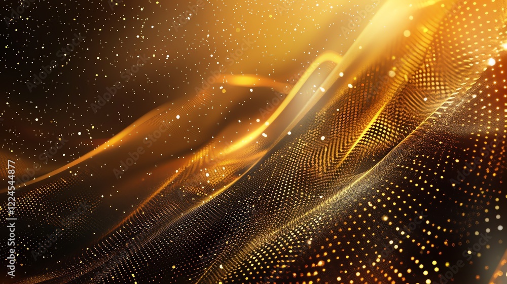 Poster abstract background with gold lights and particles that create a shimmering and swirling effect.