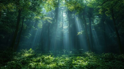 Obraz premium Enchanting sunlight streaming through misty forest canopy