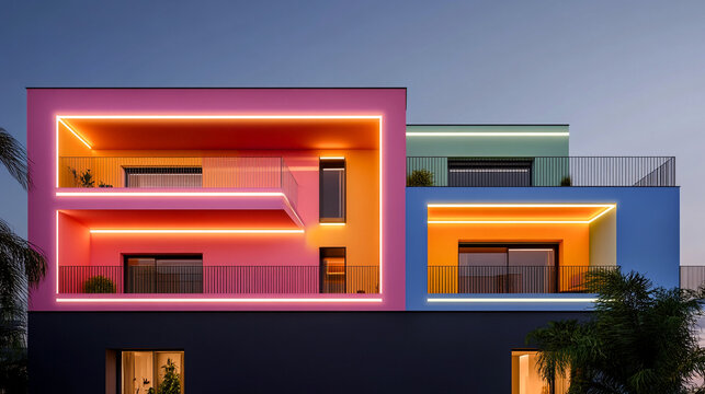 Casa moderna con fachada colorida y detalles de iluminaci&oacute;n decorativa al anochecer