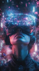 Obraz premium Futuristic virtual reality experience with neon city reflections