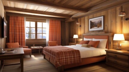 Rustic-inspired bedroom with natural materials, soft lighting, and infinite surroundings; realistic and detailed.