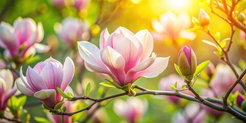 Fototapeta premium Vibrant pink petals unfurl from delicate white flowers on a lush green magnolia tree in full bloom