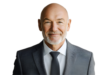 Confident Businessman Portrait: A friendly, mature businessman with a warm smile and a neatly trimmed beard, wearing a dark grey suit and tie, conveys confidence and approachability. 