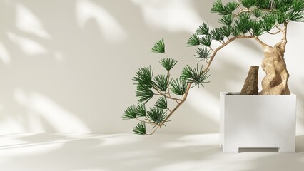 Bonsai tree in white pot in dappled sunlight, shadow on cream wall for luxury organic cosmetic, skincare, body care, beauty product background, interior design decoration 3D