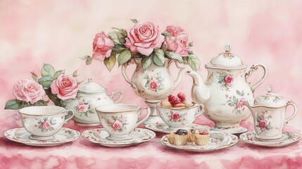 Fototapeta premium Watercolor illustration of British afternoon tea,tea break in the English style,tea set with Afternoon tea stand with macaroons and scone,cake,cup of tea,Tea time dessert table,vintage style.