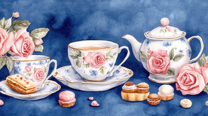Watercolor illustration of British afternoon tea,tea break in the English style,tea set with Afternoon tea stand with macaroons and scone,cake,cup of tea,Tea time dessert table,vintage style.