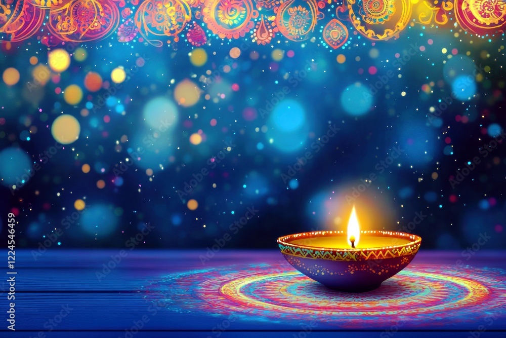 Poster elegant diwali candle glowing in vibrant colors with intricate patterns and sparkling bokeh lights c