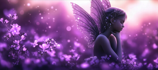 Obraz premium Fantasy, ethereal fairy sitting in a glowing purple flower field,