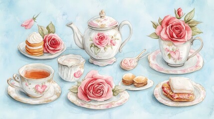 Watercolor illustration of British afternoon tea,tea break in the English style,tea set with Afternoon tea stand with macaroons and scone,cake,cup of tea,Tea time dessert table,vintage style.