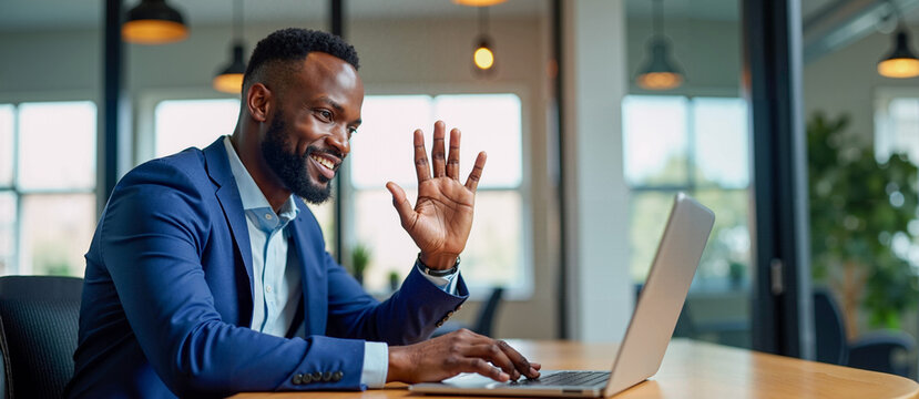 Smiling Man in Blue Suit Working on Laptop at a Table