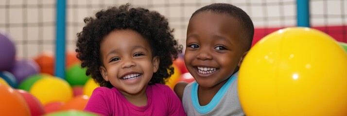 Two young children are playing with a bunch of colorful balls in a play area. They are smiling and seem to be enjoying themselves