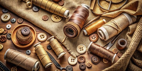 Beige & Brown Sewing Fabrics & Accessories Flat Lay Stock Photo