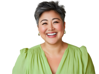 Radiant Smile, Confident Woman: A portrait of a woman with short gray hair, wearing a light green blouse, radiates confidence and joy with a genuine, radiant smile.