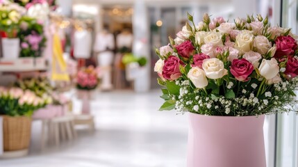 Blush Roses Bouquet in Pink Vase: A stunning bouquet of blush pink and cream roses, artfully arranged in a delicate pink vase, sits elegantly in a flower shop setting. The soft.