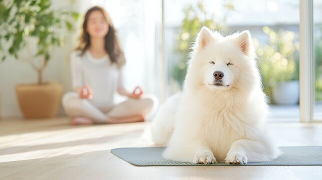 Mindful Companion: A serene scene of a woman in a meditative pose, accompanied by her furry friend. The image captures the harmonious bond between human and pet, creating a peaceful ambiance.