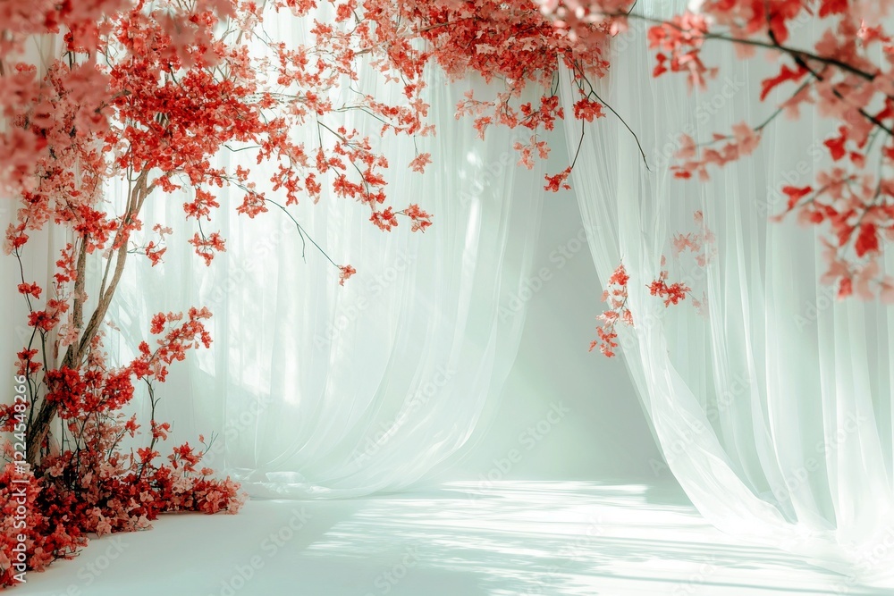 Aufkleber serene blossoming tree with soft white drapes and delicate red leaves creating an enchanting and tra