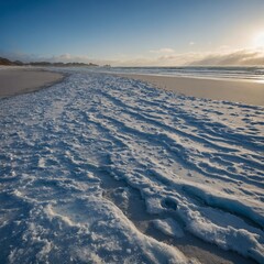 A sapphire beach in winter with snow-dusted sands and icy shores.