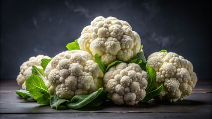 Fototapeta premium Fresh White Cauliflower Florets on Dark Background - Vibrant Stock Photo