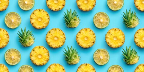 Seamless pineapple slices pattern on blue background, seamless pattern