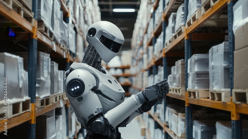 Poster robotic automation in warehouse management with a humanoid robot inspecting the stock
