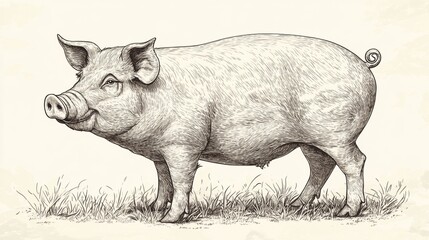 Engraving of a Pig in Grass