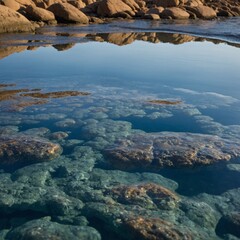 Obraz premium reflection of sapphire waves in a calm, shallow rock pool.
