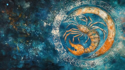 Scorpio symbol on a mysterious dark watercolor background, showcasing intricate freehand design with vibrant details.