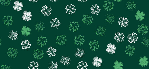 Clover pattern on green, Saint Patricks Day, hand drawn illustrations.