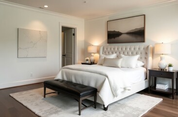 modern white bedroom with minimalist decor and green plant, serene and stylish design - interior design concept