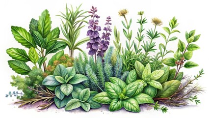 Fototapeta premium Watercolor illustration of a garden scene with various culinary herbs and plants such as rosemary thyme lavender basil mint and oregano in a whimsical style , illustration, botanical