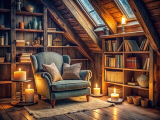 Cozy Attic Reading Nook: Bookshelf, Candles, and Warm Lighting
