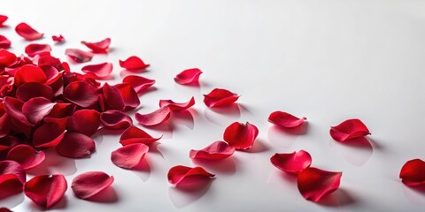 Delicate red rose petals scattered on a soft white background with subtle texture , flower power, delicate